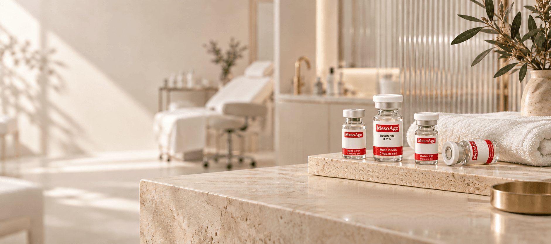A refined aesthetic clinic with MesoAge mesotherapy vials on a stone counter