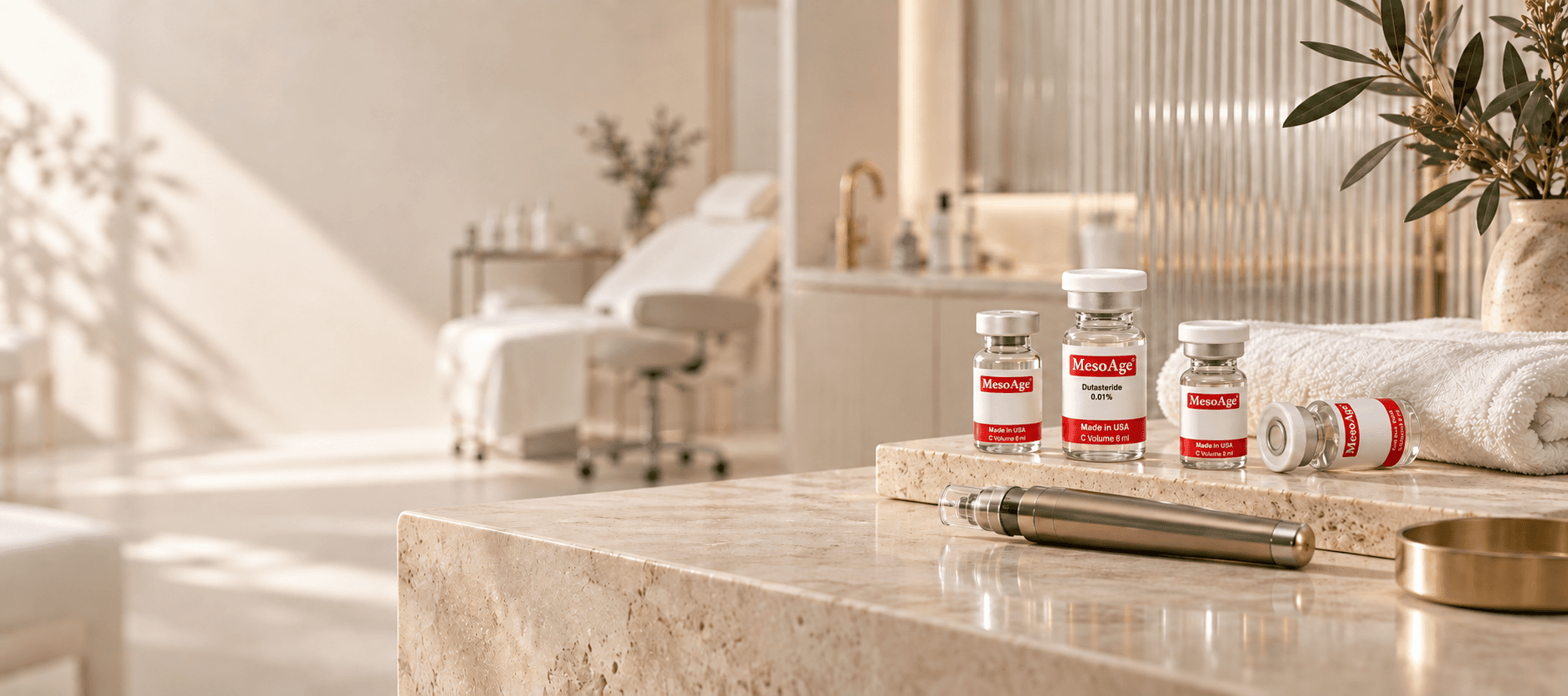 A refined aesthetic clinic with MesoAge mesotherapy products and a professional applicator