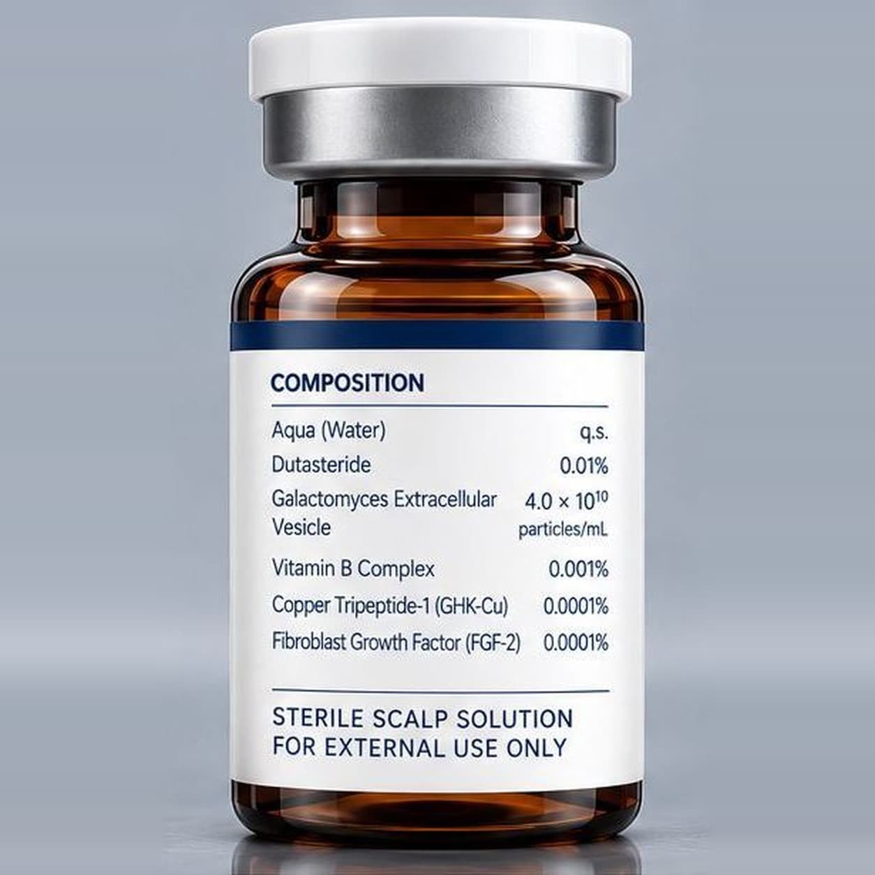 DUTA-EV vial composition label listing dutasteride 0.01% and Galactomyces extracellular vesicles