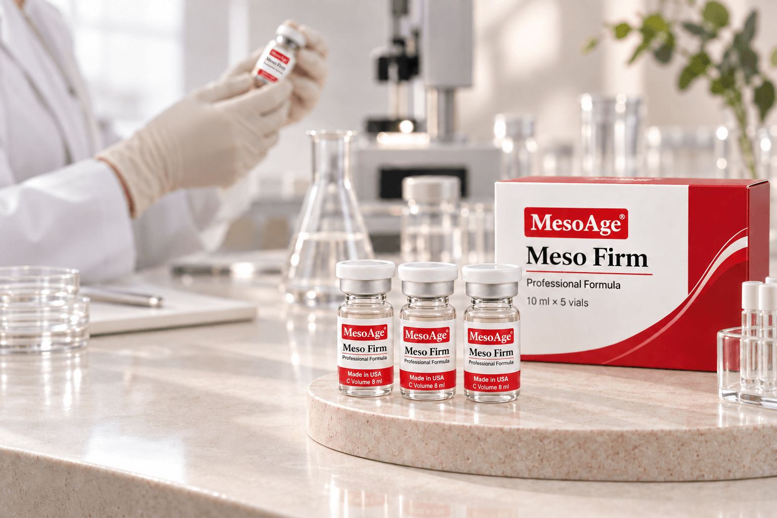 MesoAge products undergoing careful visual inspection in a clean laboratory setting