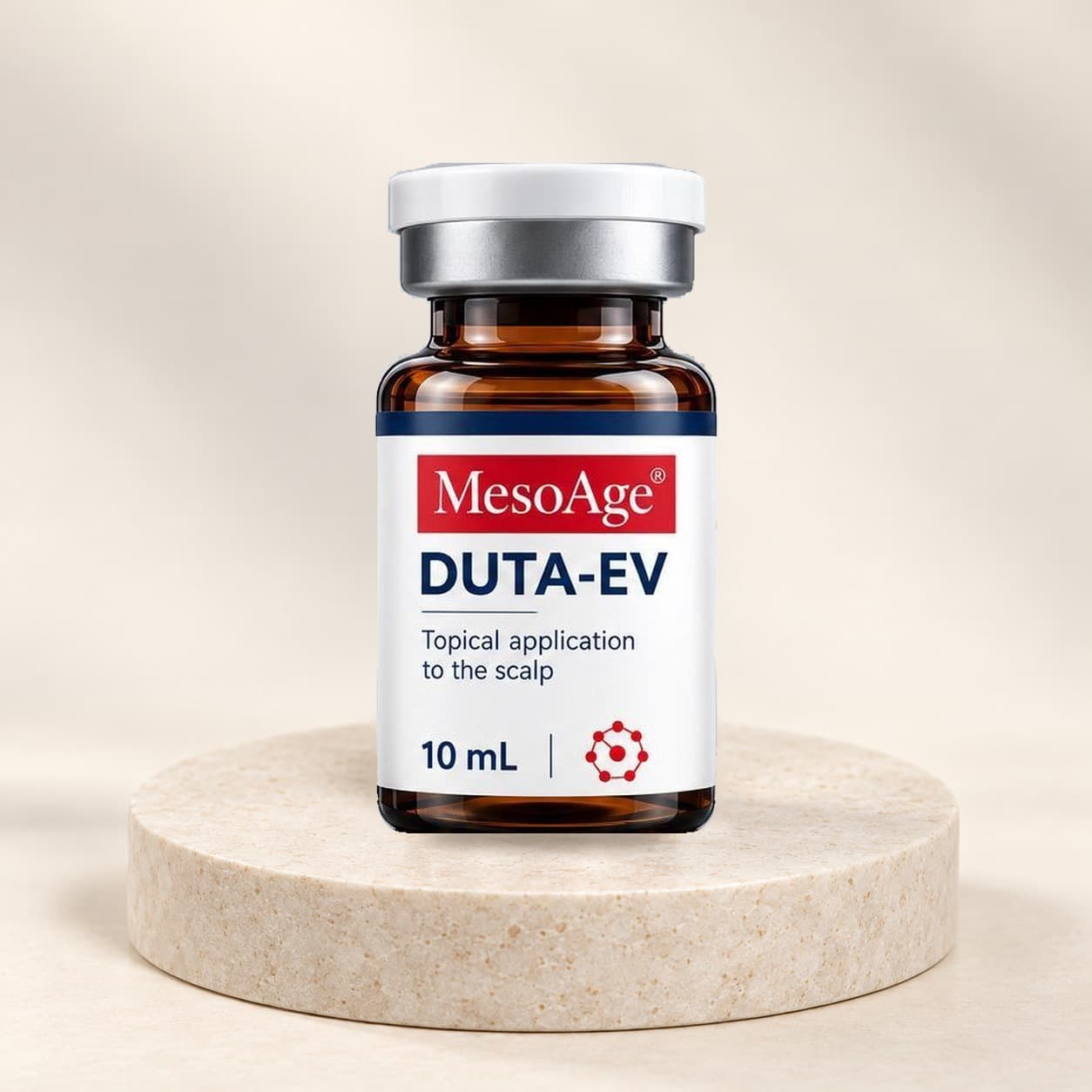 MesoAge DUTA-EV 10 mL amber vial on a stone plinth